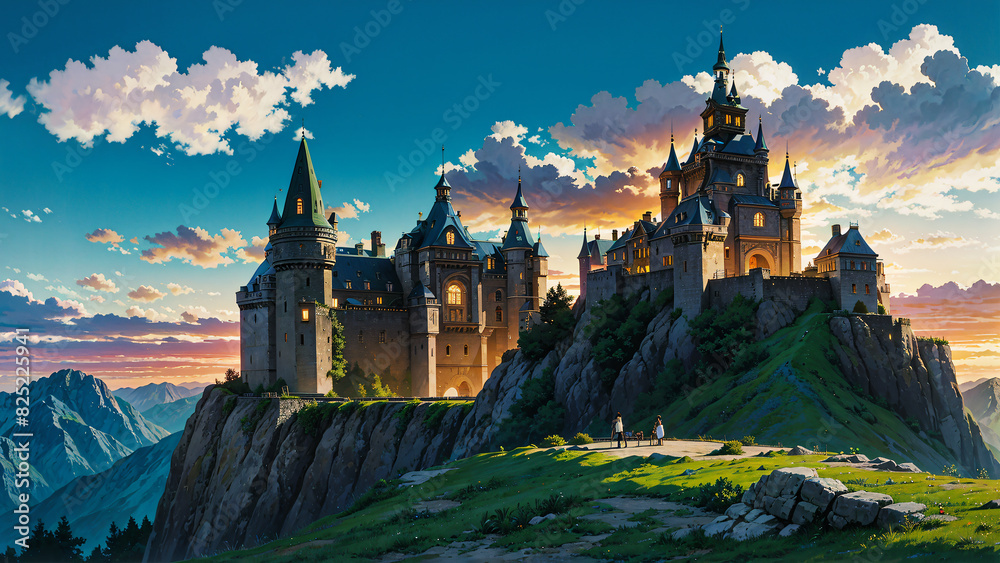 Anime wallpaper of ancient castles on top of mountains at sunset
