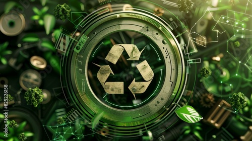 Central recycling icon encircled by green eco-symbols, showcasing sustainable living, Steampunk, Warm greens, Digital art, Emphasis on comprehensive eco-solutions