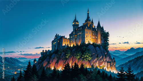 Anime wallpaper Magical castle on top of a mountain hidden in the forest photo