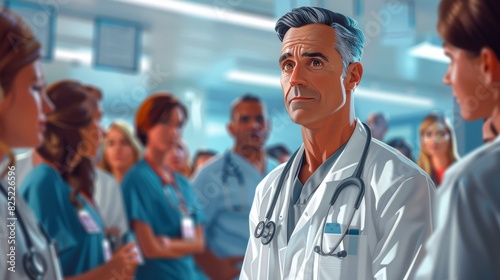 medical professional care, an indian doctor diligently cares for a diverse group of patients in a bustling hospital, surrounded by vibrant medical charts, the atmosphere tense with urgency