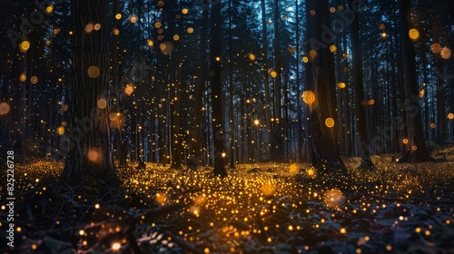 Fireflies glowing in a magical forest at night