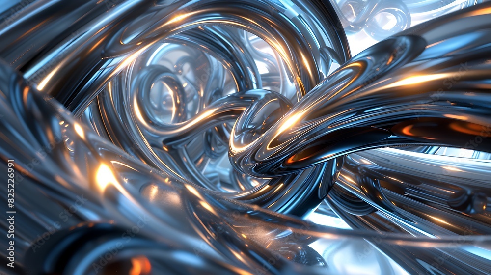 3D rendering of intertwined silver and gold tubes. Abstract background with smooth and reflective surfaces.