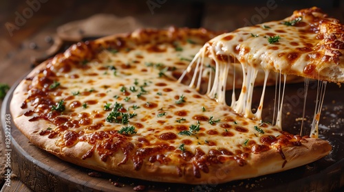 A perfect, cheesy pizza, showcasing the ultimate cheese pull, the best pizza you must try at least once in your life