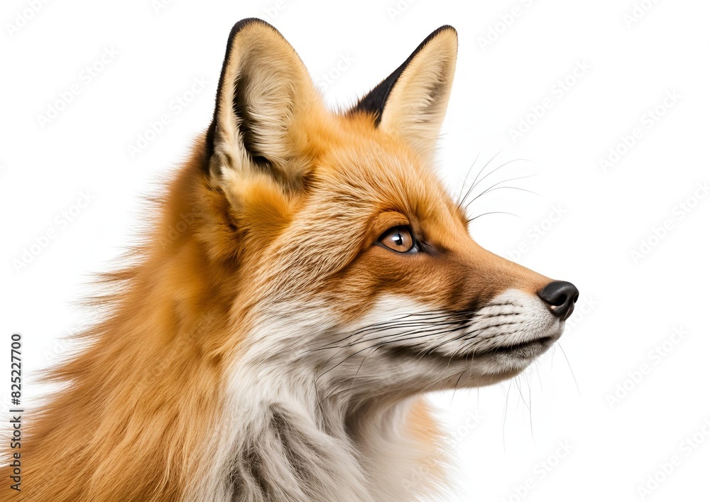 Fototapeta premium Side view of a two-year-old Red fox looking up, isolated on white.