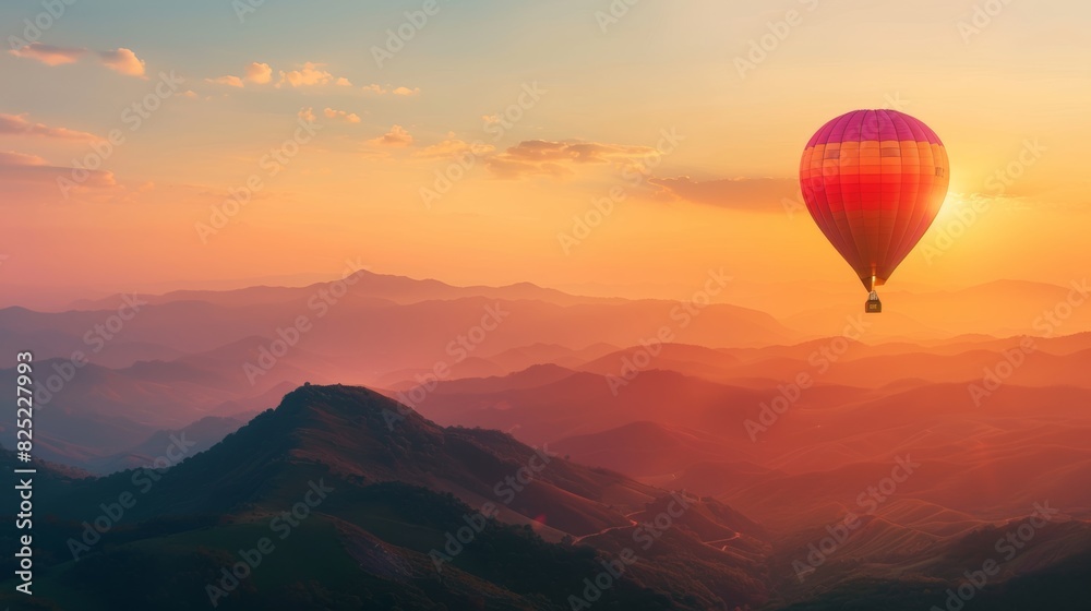 A hot air balloon floating gently through the air, offering a bird's-eye view of a breathtaking mountain sunset. A hot air balloon floating gently through the air, offering a bird's-eye view of a breathtaking mountain sunset.