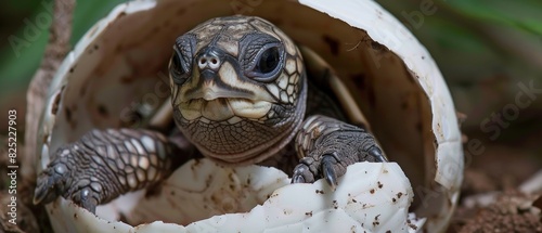 A closeup of a baby turtle emerging from its shell.