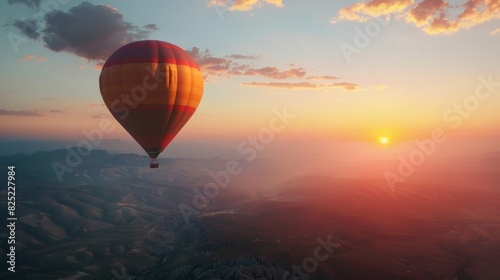 A hot air balloon floating gently through the air, offering a bird's-eye view of a breathtaking mountain sunset. photo