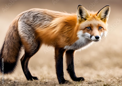 Side view of a two-year-old Red fox looking up, isolated on white.