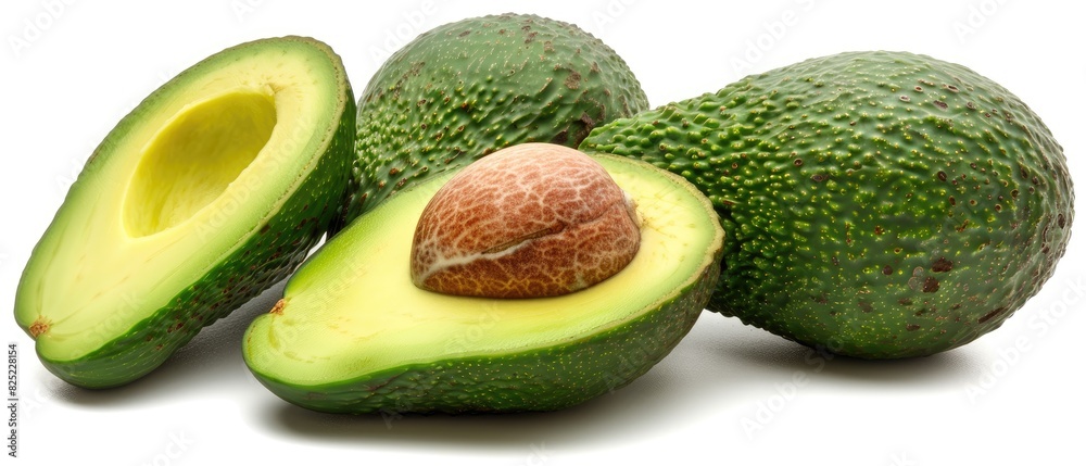 Whole and sliced avocado with the pit visible, the green and creamy texture on a white background Whole and sliced avocado with the pit visible, the green and creamy texture on a white background