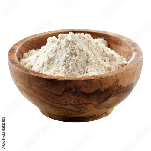 Wheat flour, Rice flour, All purpose flour in a wooden bowl isolated on transparent background.