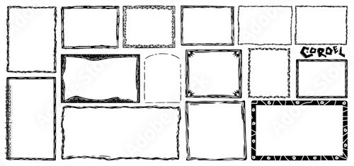 Vector set of various black frames in brazilian cordel woodcut style