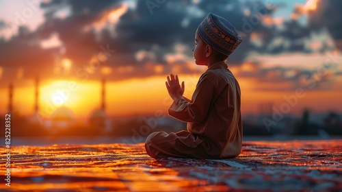 A silhouette of islamic boy praying at sunset.