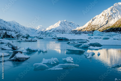 A frozen glacial lake  with mountains reflections photo