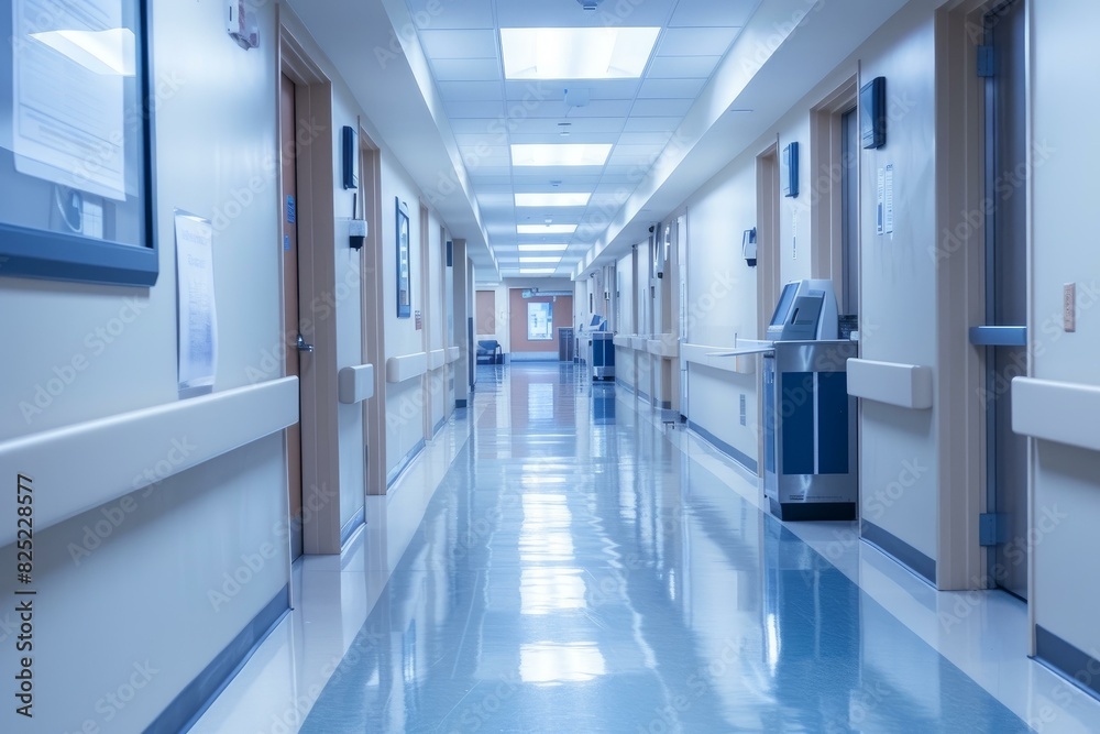 Obraz premium Clean and empty hospital hallway lit with fluorescent lights reflecting on the shiny floor