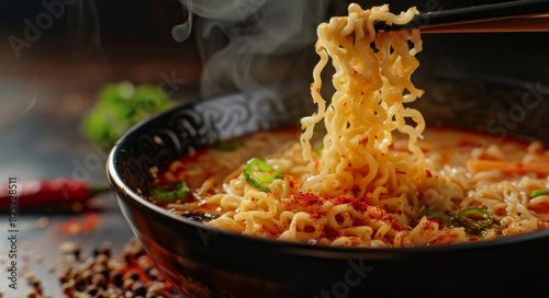 Schezwan Noodles or vegetable Hakka Noodles or chow mein is a popular Indo-Chinese recipes, served in a bowl or plate with wooden chopsticks. selective focus. photo