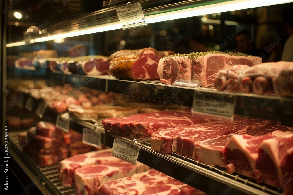 Detailed view of a butcher's meat display case, showcasing an array of fresh, premium cuts Detailed view of a butcher's meat display case, showcasing an array of fresh, premium cuts