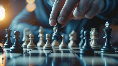 A chessboard on a background with a hand moving the pieces symbolizes strategic decision-making. photo