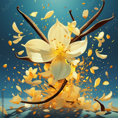 Surreal poster of vanilla flowers exploding into individual petals, each fragment suspended in an empty void to evoke feelings of delicacy and rarity