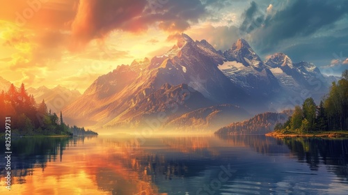 A majestic mountain range bathed in the warm hues of a golden sunset  with a tranquil lake reflecting the vibrant colors.