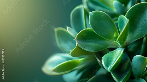 A mesmerizing close-up of a jade plant's smooth, emerald green leaves, their edges glowing with a soft, ethereal light reminiscent of moonlight.