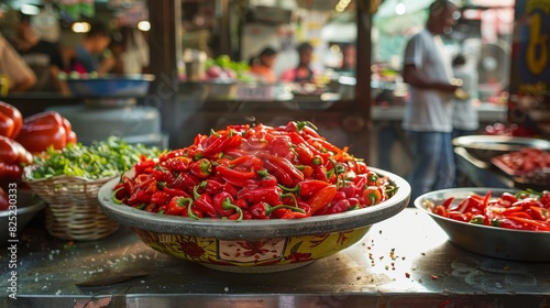 Fresh red pepper salad on a street food stall for culinary or healthy eating designs