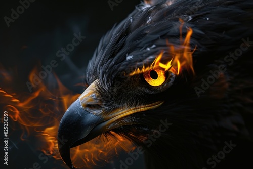 A close up of a bird's face with flames coming out of its eyes © Nico
