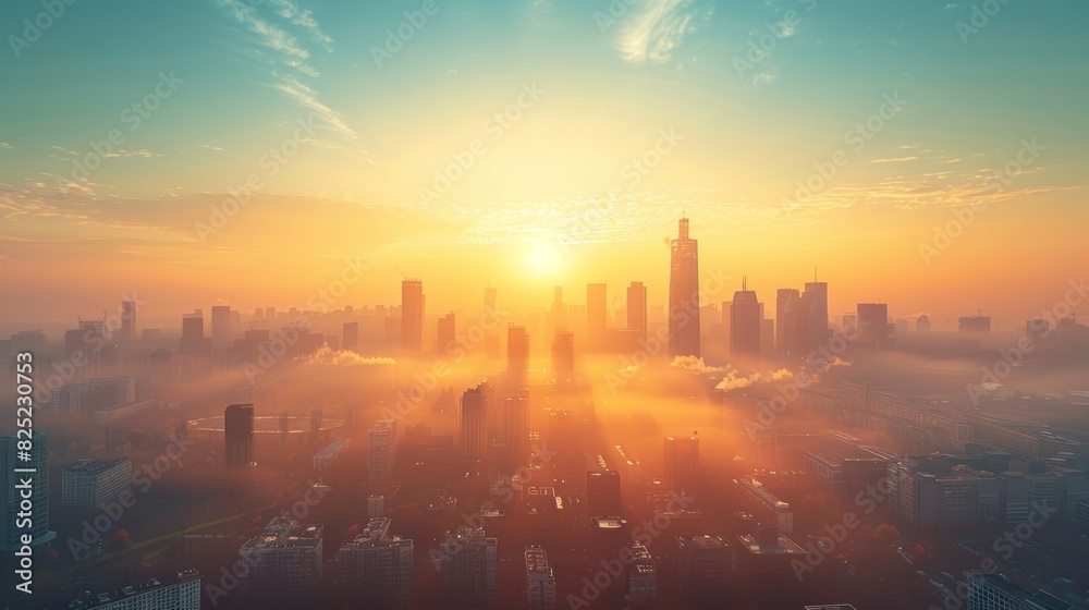 A city skyline with clear skies and no visible pollution, highlighting efforts to improve air quality and promote fresh, clean air in urban environments.