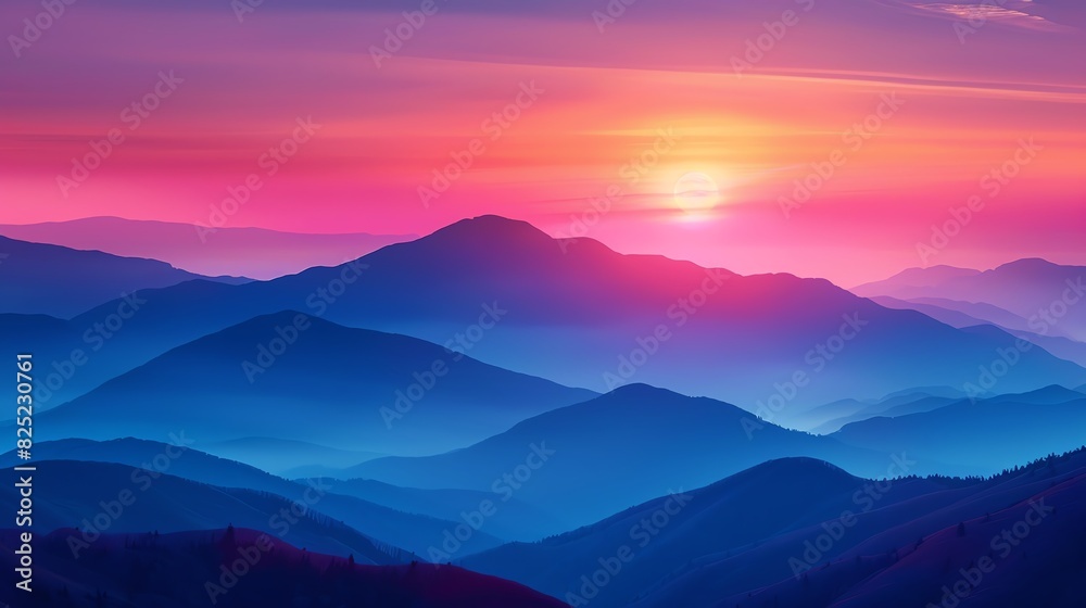 Beautiful sunrise over misty blue mountains with vibrant pink and purple sky. Serene and breathtaking landscape of nature's beauty.