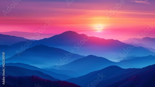 Beautiful sunrise over misty blue mountains with vibrant pink and purple sky. Serene and breathtaking landscape of nature s beauty.