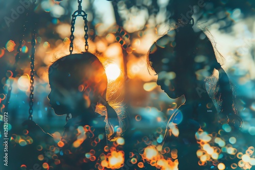 Children playing on swings at sunset, with a dreamy bokeh effect creating a magical and nostalgic atmosphere in a park.