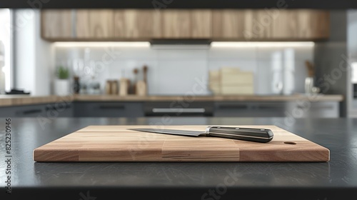 Kitchen knife on a wooden cutting board, on a modern minimalist kitchen table.
