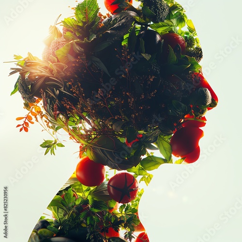 Silhouette of a human head filled with vibrant vegetables and plants, symbolizing a healthy lifestyle and nature connection. photo