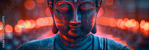 A statue of a Buddha with a red face and a blue body