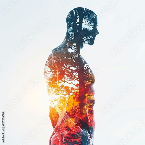 Silhouette of a person blended with nature elements, representing harmony, inner connection, and balance. Double exposure effect.