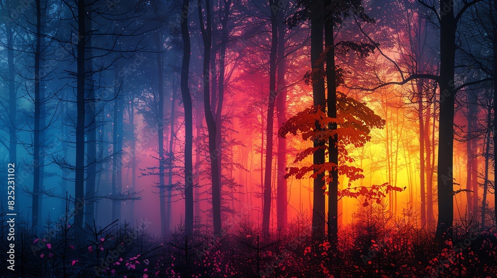 Vibrant sunset in a dark forest creating a colorful and mystical atmosphere with hues of orange, red, and blue, evoking a sense of wonder. Vibrant sunset in a dark forest creating a colorful and mystical atmosphere with hues of orange, red, and blue, evoking a sense of wonder.