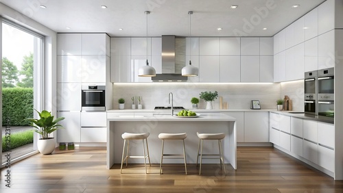 Minimalist white kitchen with sleek appliances and symmetrical design © wasana