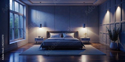 Minimalist bedroom with clean, symmetrical design and essential furnishings photo