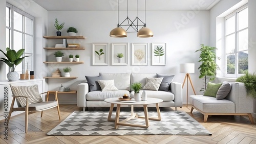 Minimalistic white Scandinavian living room with geometric shapes and tidy decor