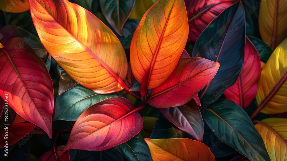 A close-up of a tropical plant with large, glossy leaves, capturing the vibrant colors and intricate patterns of the foliage. A close-up of a tropical plant with large, glossy leaves, capturing the vibrant colors and intricate patterns of the foliage.