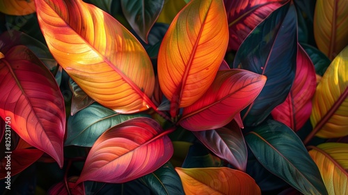 A close-up of a tropical plant with large  glossy leaves  capturing the vibrant colors and intricate patterns of the foliage.