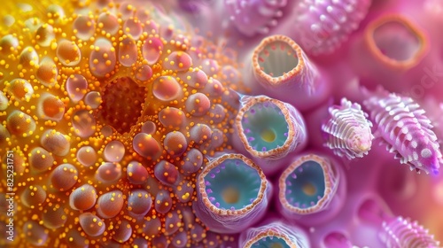 A microscopic exploration of a pollen grain, capturing its intricate details and vibrant colors.