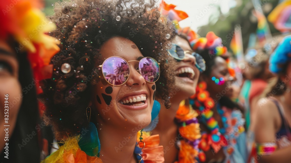 A group of diverse women are celebrating and having fun at a carnival. They are wearing colorful clothes and accessories, and they are all smiling and laughing.