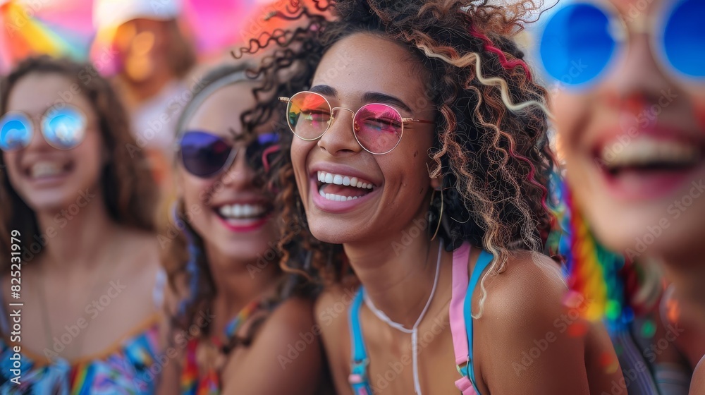 A group of diverse women are enjoying a carnival. They are all smiling and wearing colorful clothing and accessories. A group of diverse women are enjoying a carnival. They are all smiling and wearing colorful clothing and accessories.