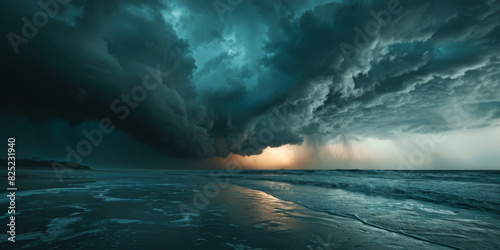 A stormy ocean with dark clouds and a bright sun