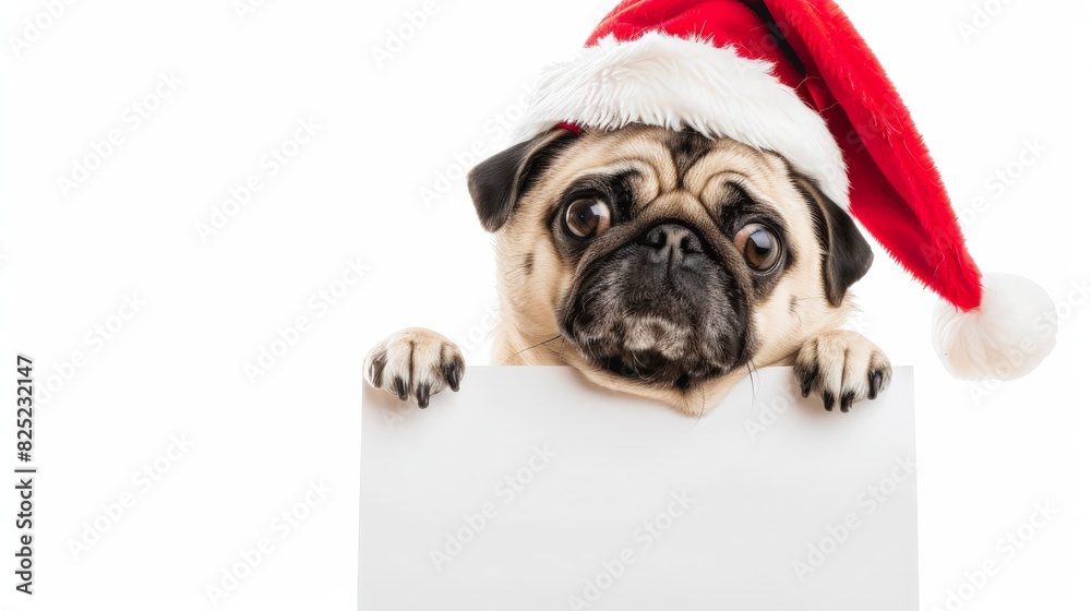 A pug dog in a Santa Claus hat holds an empty advertising poster.