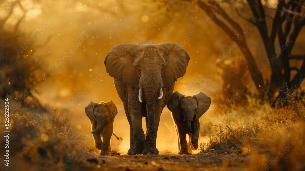 Obraz premium A family of elephants, including a baby elephant, walking together in a dusty African landscape, showcasing the bond and harmony of wildlife in their habitat.