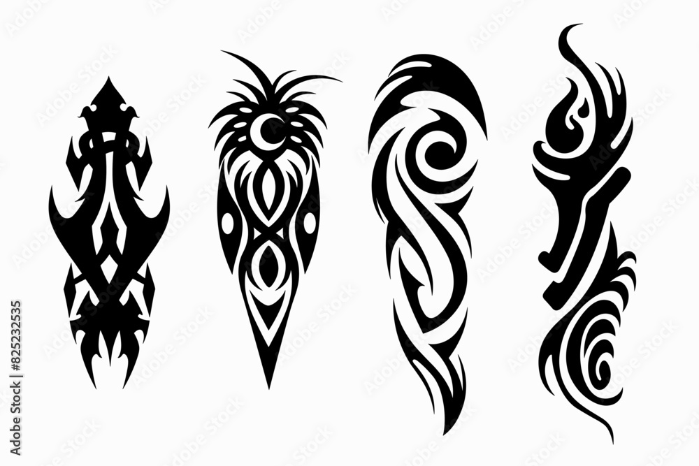 Fototapeta premium Neo tribal gothic tattoo set, retro futuristic y2k cyber symmetry shapes, vector dark roots branches. Metal music cover print, alien surreal illustration, sword, star grunge clipart. Neo tribal symbol