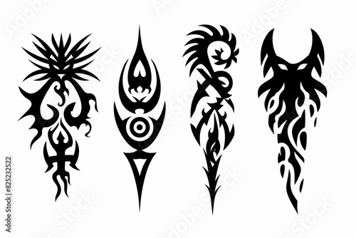 Neo tribal gothic tattoo set, retro futuristic y2k cyber symmetry shapes, vector dark roots branches. Metal music cover print, alien surreal illustration, sword, star grunge clipart. Neo tribal symbol