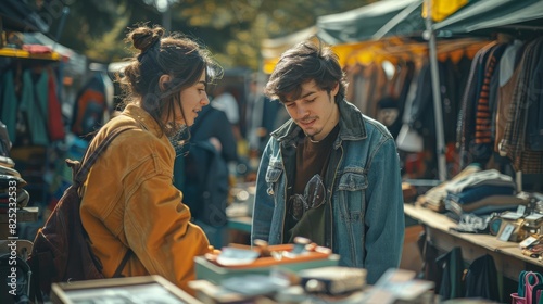 A young couple is looking at a record in a flea market.