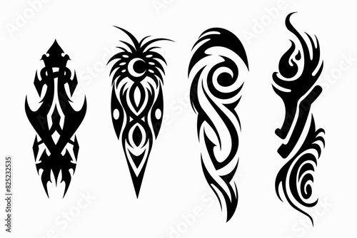 Neo tribal gothic tattoo set, retro futuristic y2k cyber symmetry shapes, vector dark roots branches. Metal music cover print, alien surreal illustration, sword, star grunge clipart. Neo tribal symbol